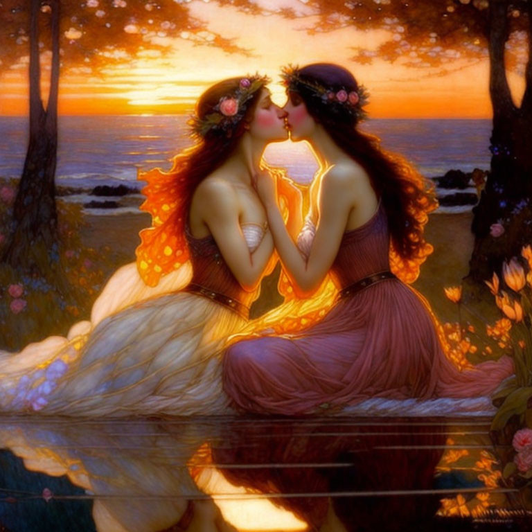 Romantic beach sunset kiss with floral crowns and glowing heart