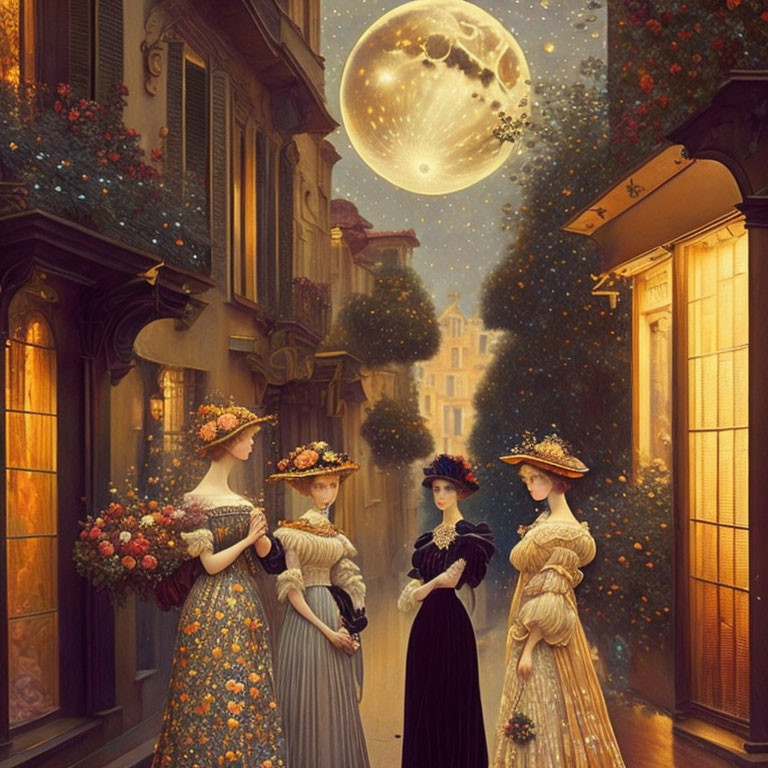 Vintage dresses and floral hats: Three women under an oversized moon on dreamlike street