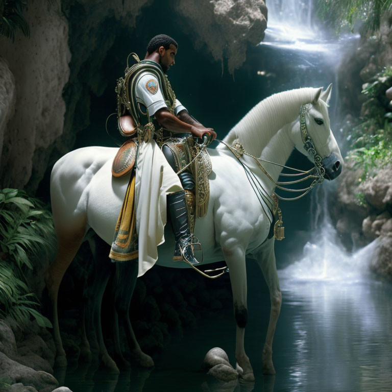 Regal figure on white horse by misty river and waterfall