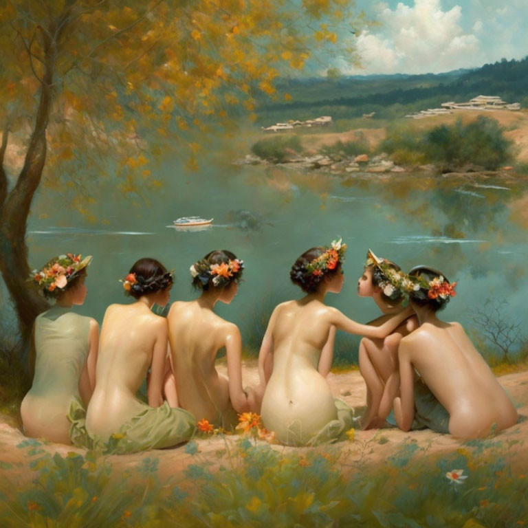 Five nude figures with floral crowns by a lake observing a distant boat in a tranquil setting