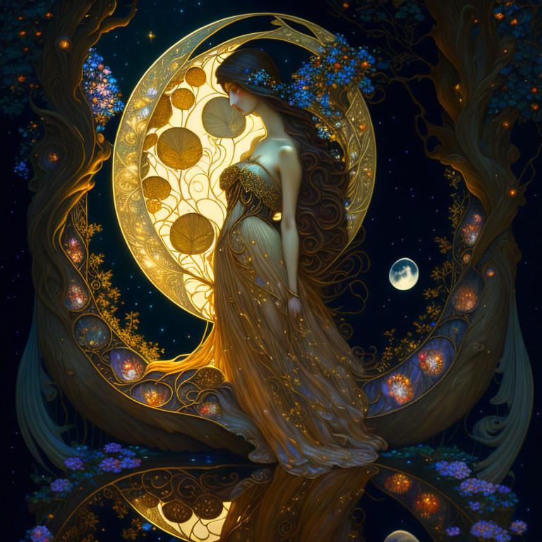 Mystical artwork: Woman in golden gown under full moon