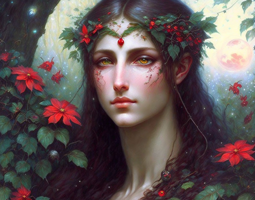 Fantasy portrait of woman with vine and flower adornments in moonlit forest