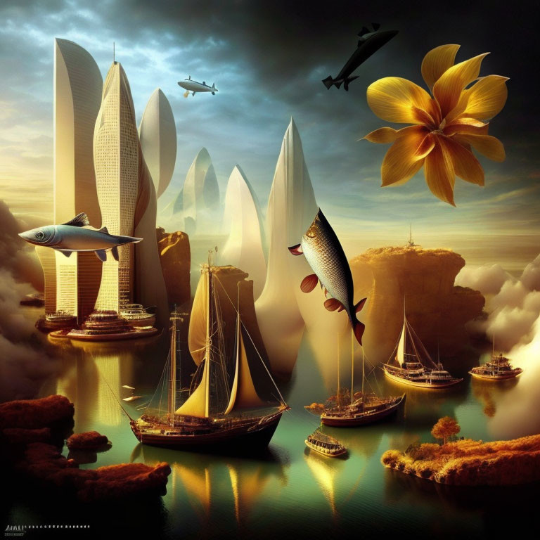 Surreal artwork featuring skyscrapers, sailboats, flying fish, and planes in sunset scene