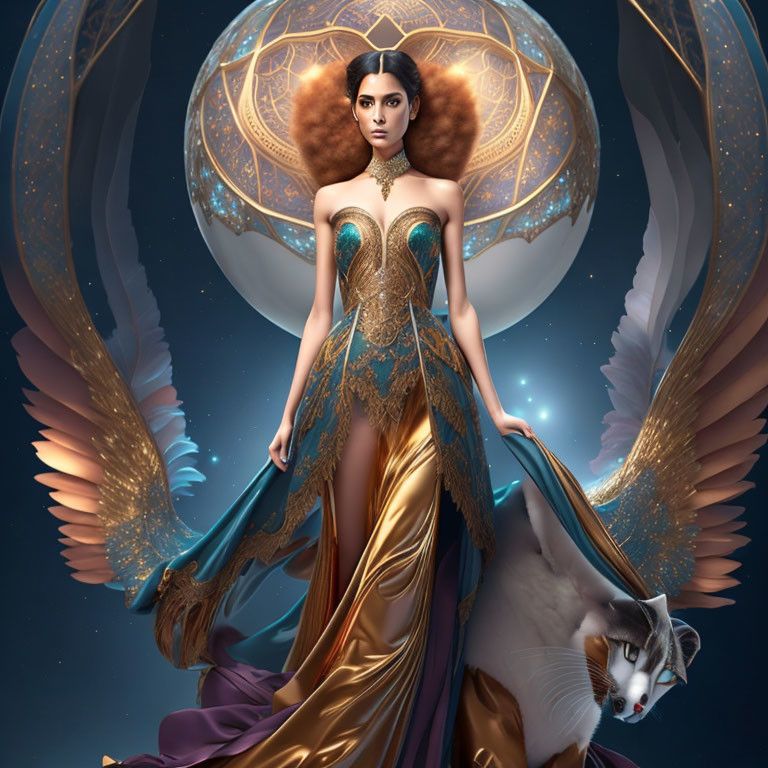 Digital artwork: Woman in gold and teal dress with wings, cat, celestial backdrop, and symbolic circle