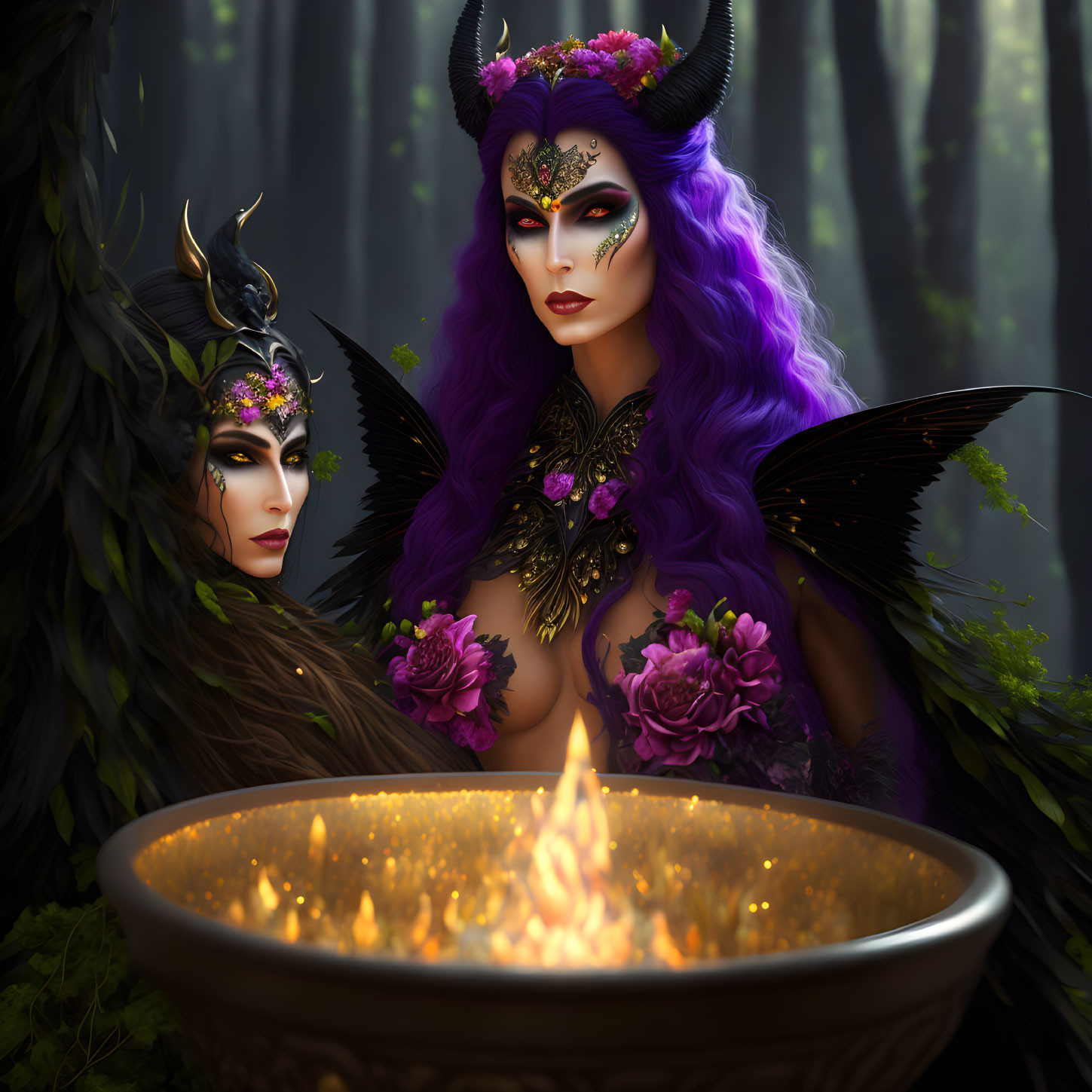 Mystical female figures with horns and wings in enchanted forest scene