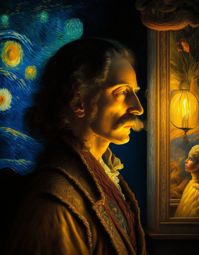 Profile view portrait of a man with a mustache against starry night background and warm lantern light.