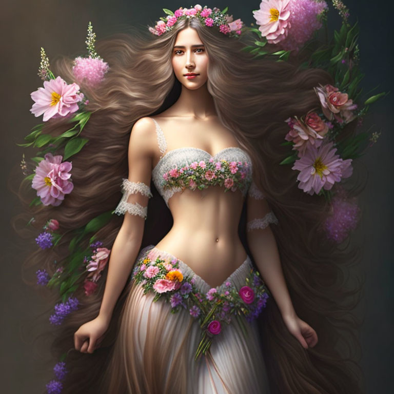 Digital portrait of a woman with flower-adorned hair and dress, exuding a romantic vibe