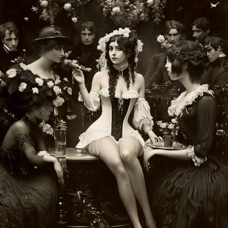 Vintage monochrome scene: woman in corset and stockings with cigar, surrounded by elegantly dressed individuals