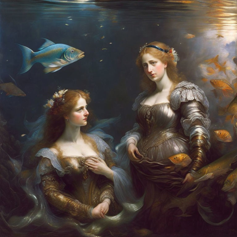 Renaissance-themed underwater scene with two women and fish.