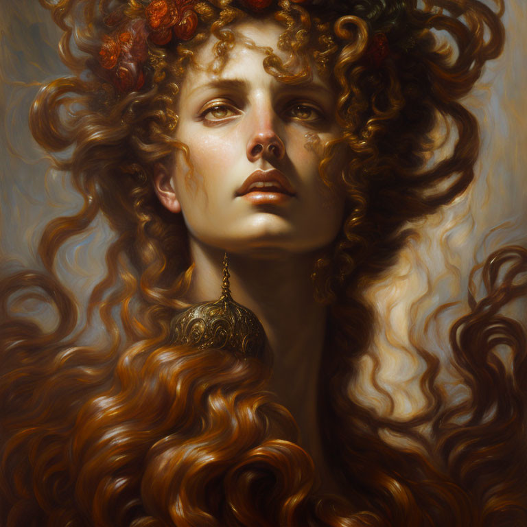 Portrait of woman with curly auburn hair and orange flowers, gazing upwards.