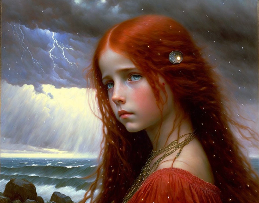 Young Girl Portrait in Red Dress Amid Ocean Storm