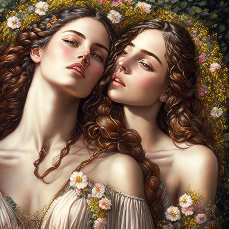 Two Women with Flowing Hair and Flowers in Serene Floral Setting