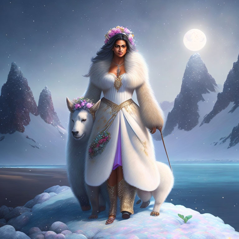 Woman in white fur attire with crowned llama on snowy peak under full moon