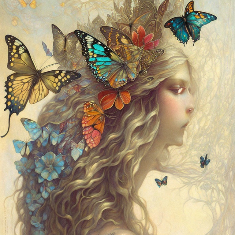 Profile view of woman with long wavy hair and colorful butterflies on soft textured background