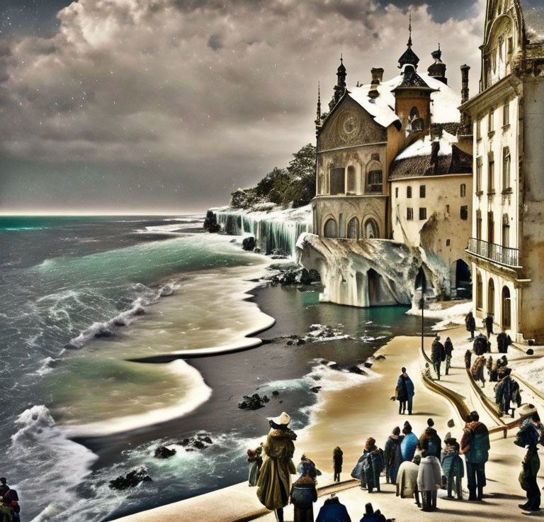 Digitally altered image blending ornate building with surreal ocean vista and vintage-clad observers