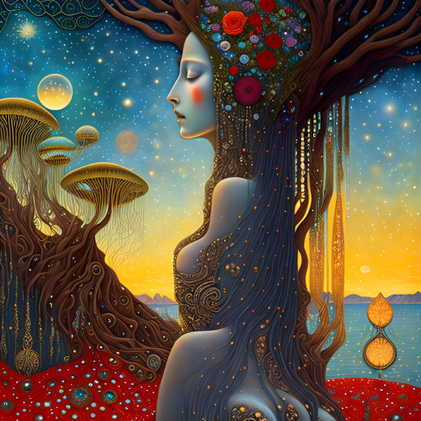 Surreal illustration: woman with tree-like hair, flowers, mushrooms, starry sky, sea