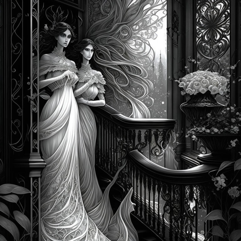 Two women in elegant gowns on gothic-style balcony with intricate ironwork.