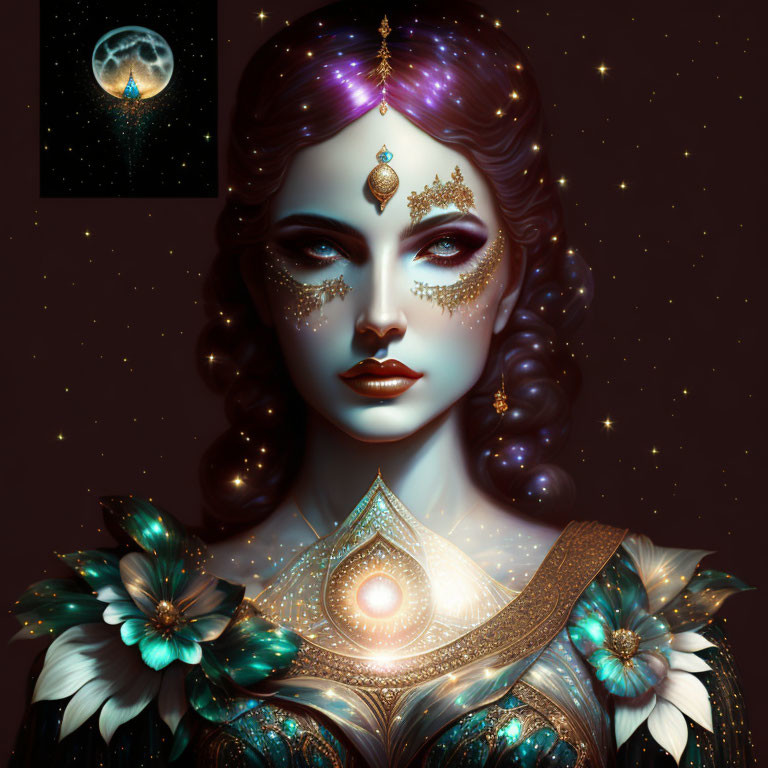 Cosmic-themed digital art: Woman with violet hair, starry background, glowing jewelry, floral ornaments