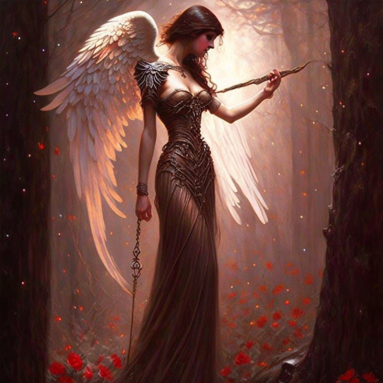 Majestic angel with white wings in mystical forest with red petals