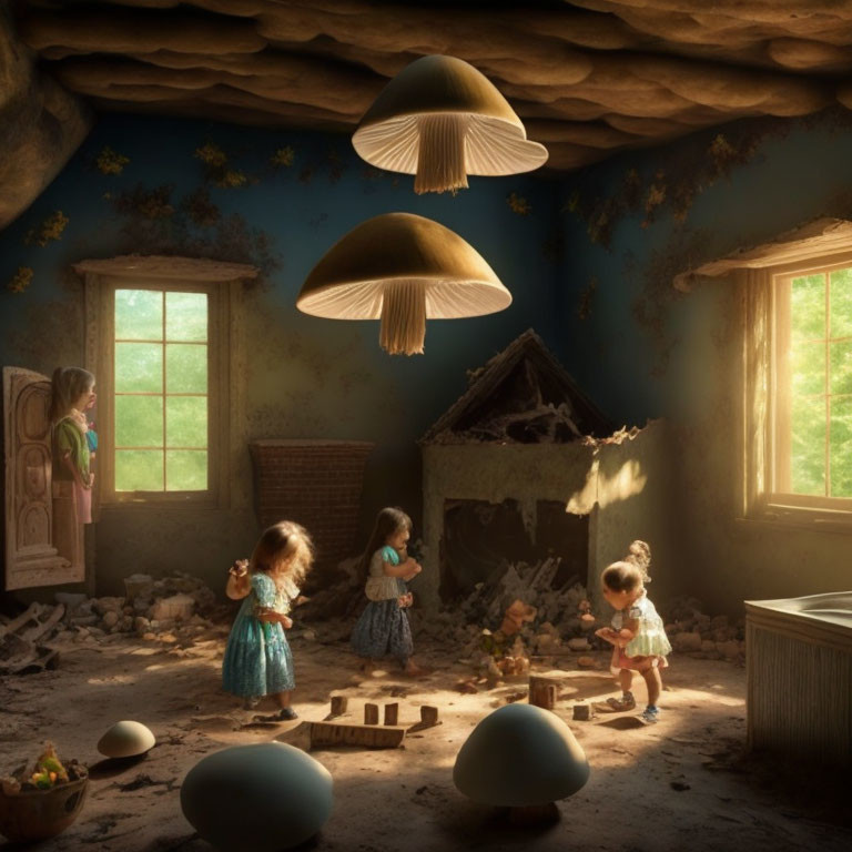 Three young girls playing in a dilapidated room with surreal mushroom lamps and broken egg-like objects.