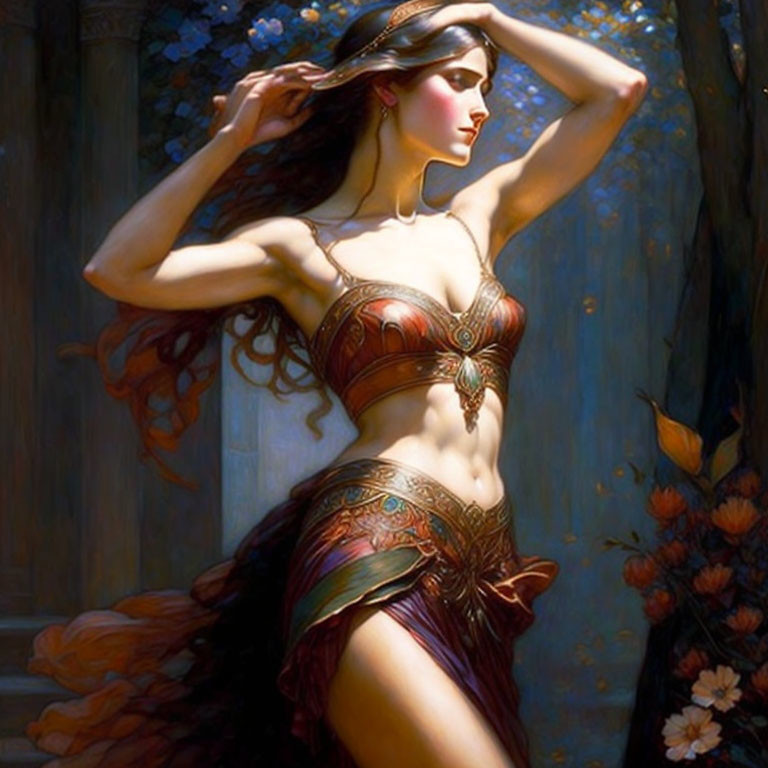 Fantasy art of woman in bronze attire in mystical forest