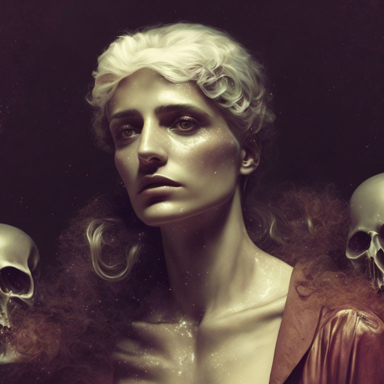 Pale-skinned woman with curly white hair, serious expression, surrounded by shadows, skulls, and hint