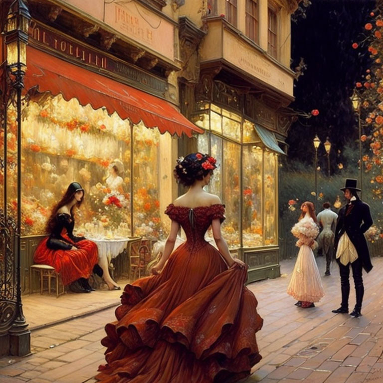 Victorian scene with elegantly dressed individuals near flower shop and cafe