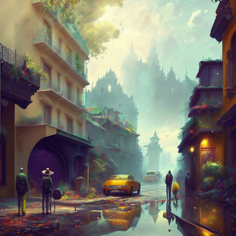 Fantasy street scene with vintage car and whimsical architecture