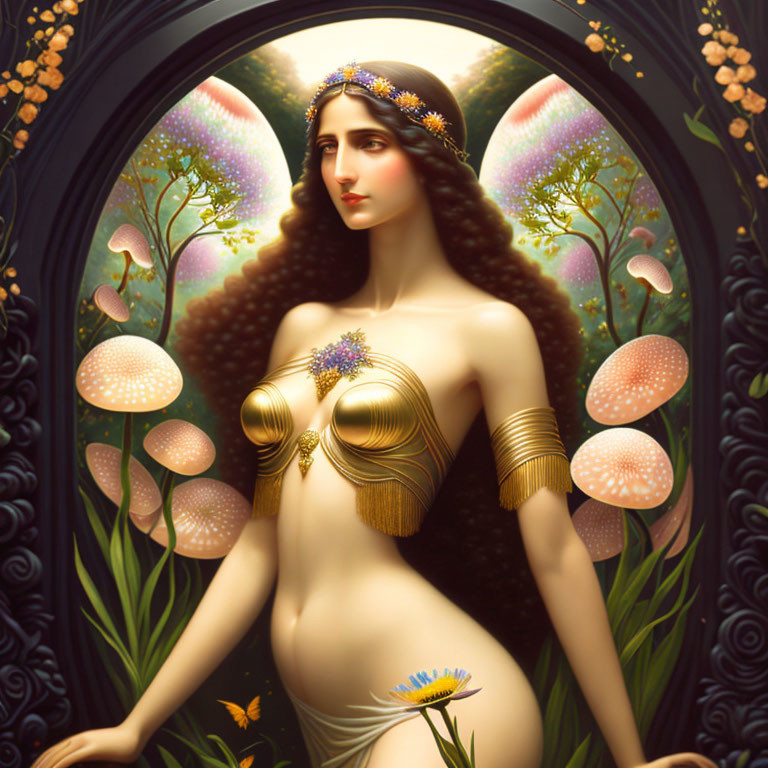 Stylized portrait of a woman with flowing hair and golden accessories in a fantasy setting