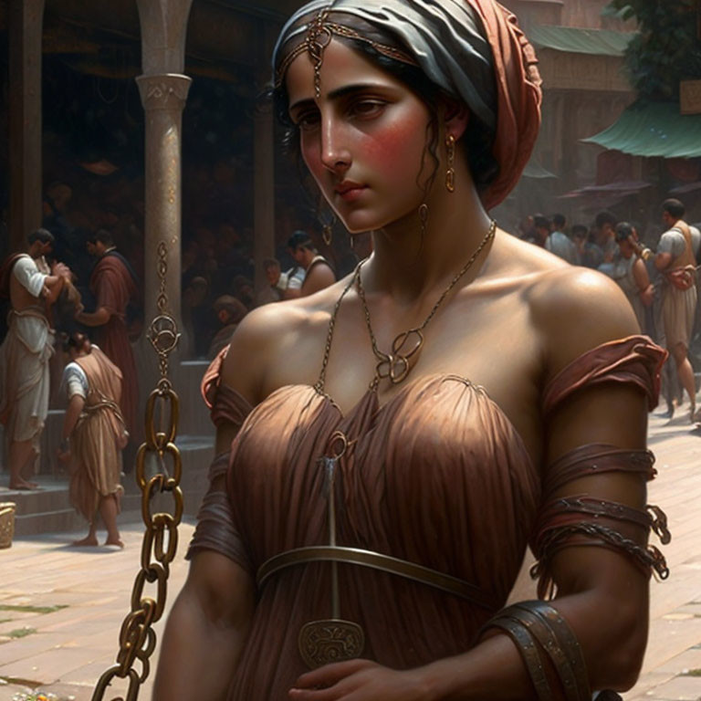 Woman in red headscarf and brown dress chained in busy market.