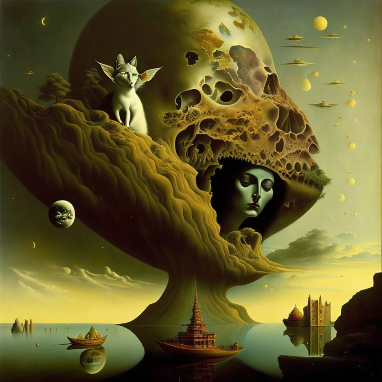 Surreal artwork: Tree with human face, winged cat on moon, boats, celestial bodies