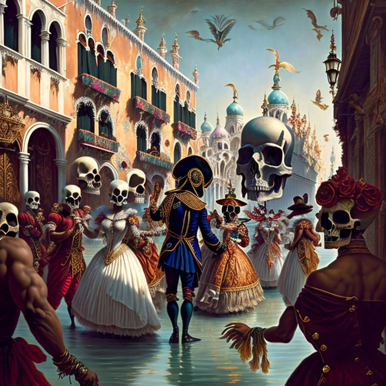 Venice architecture meets period costumes with skull-faced figures in surreal scene