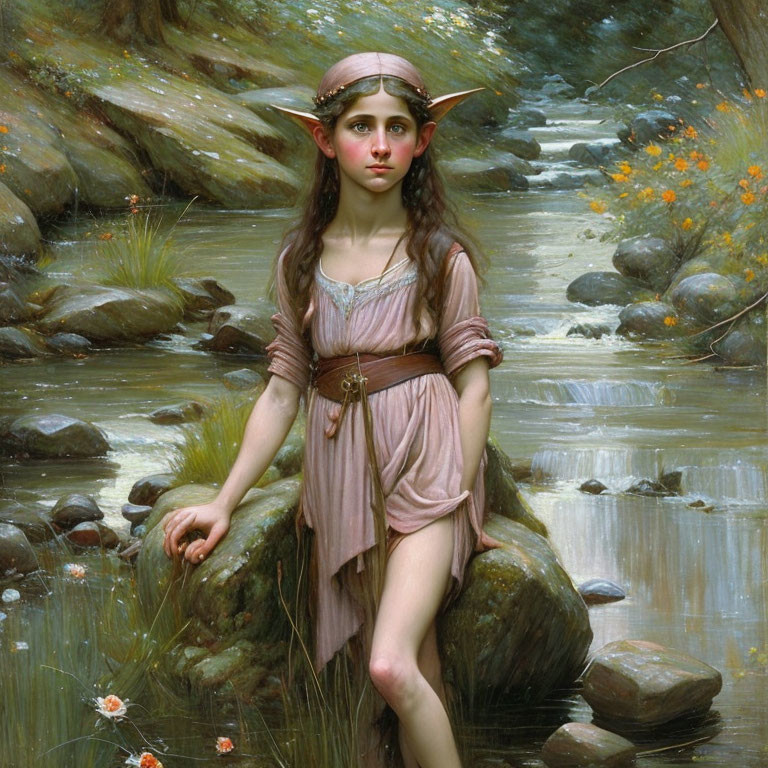 Young Elf Maiden in Medieval Dress by Forest Stream