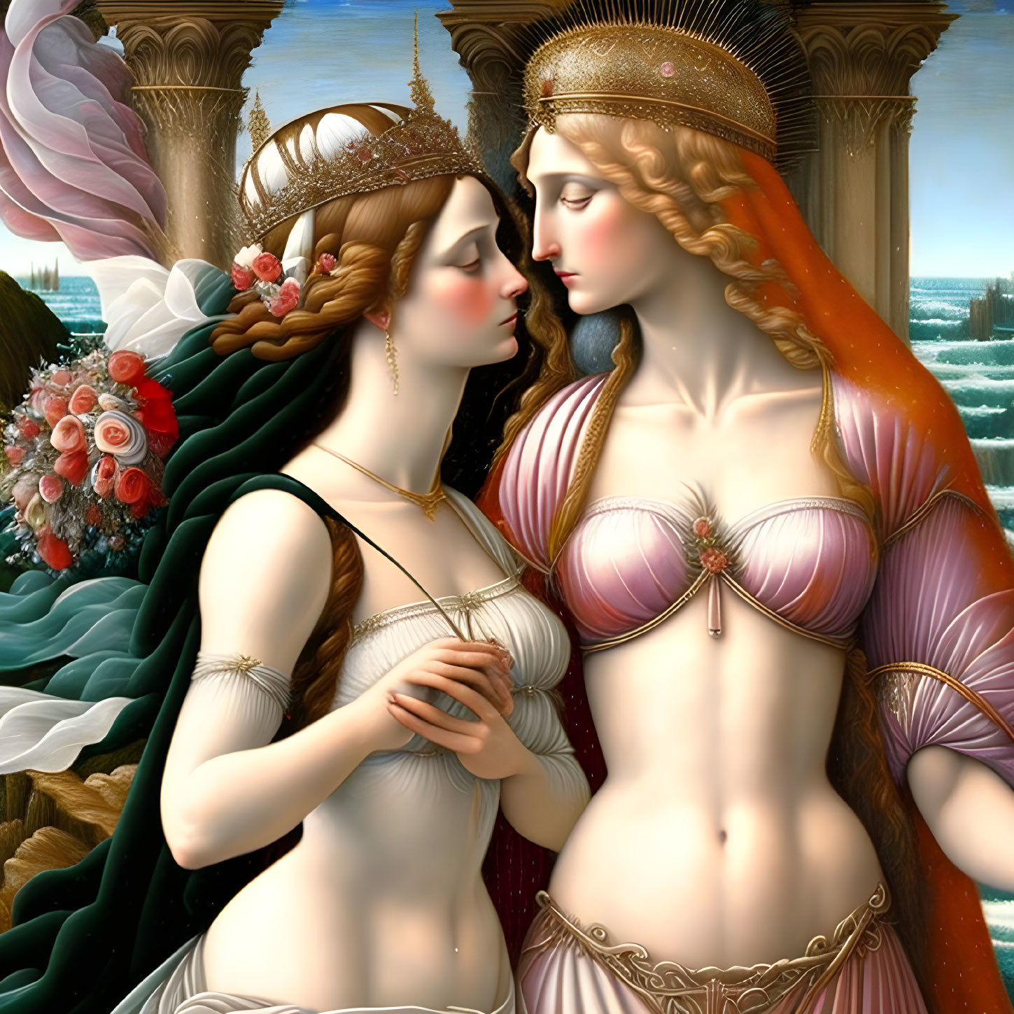 Two regal women in mythological attire by the sea.