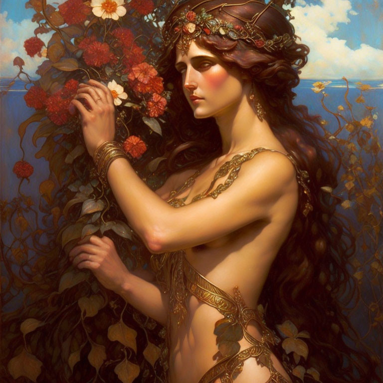 Ethereal woman with ornate headgear in contemplative pose amidst golden floral backdrop