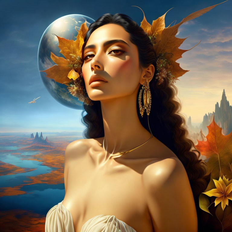 Portrait of Woman with Autumn Leaves and Surreal Orb Landscape