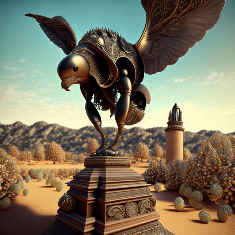 Mechanical bird on pyramid in surreal desert landscape