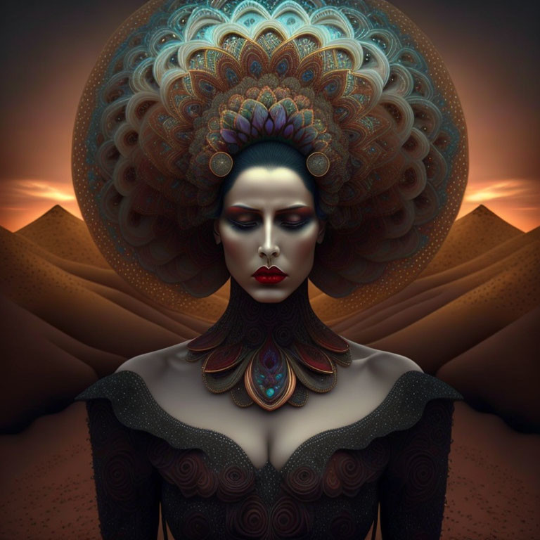 Elaborate peacock-inspired headdress on woman in dark outfit