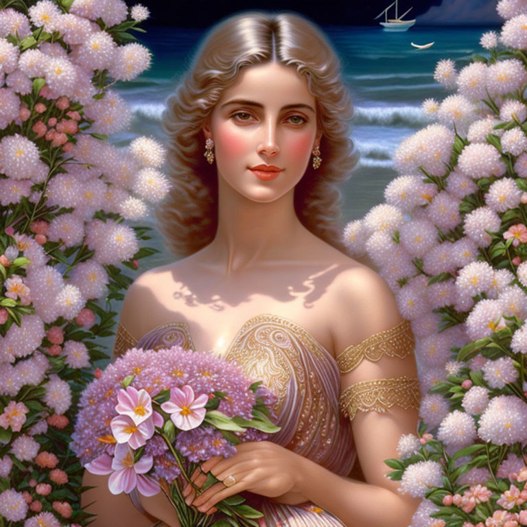 Woman with fair skin holding flowers by blooming bushes and sea backdrop.