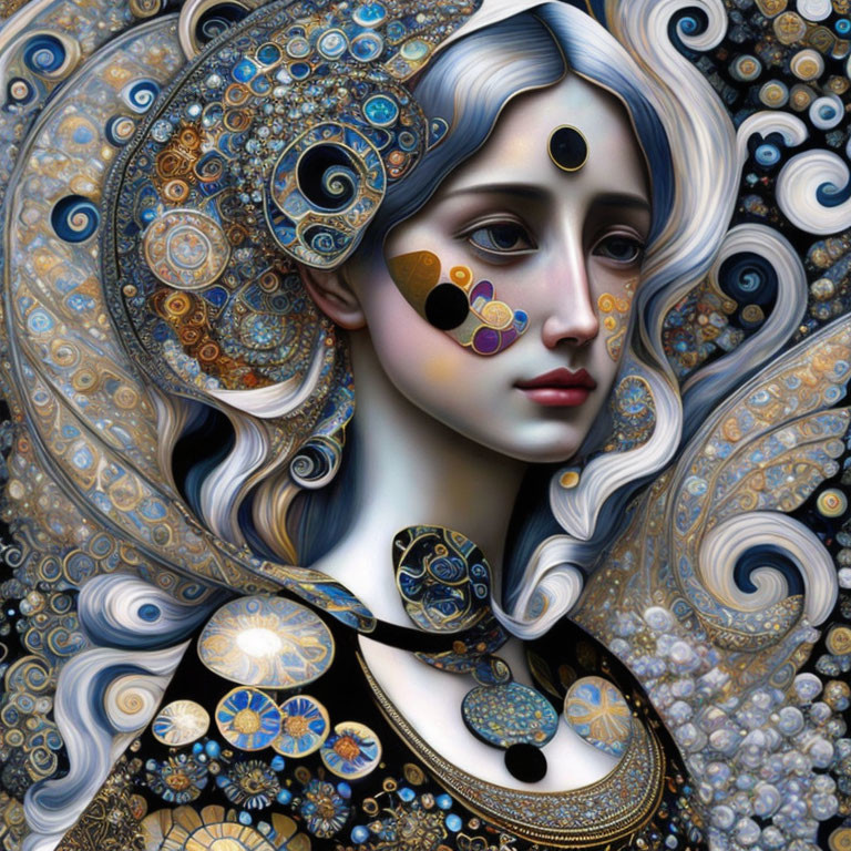 Digital art portrait: Woman with pale skin & grey hair, adorned with gold & blue patterns, emitting