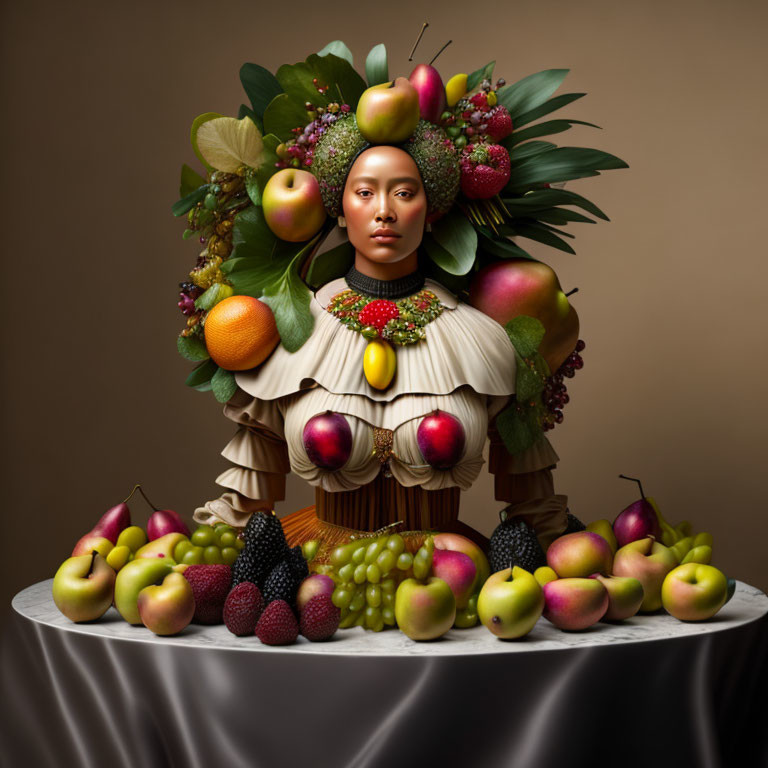 Person in Fruit-Adorned Headdress and Dress