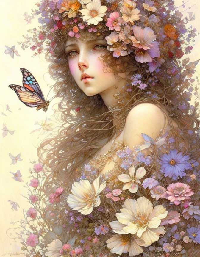 Ethereal portrait of a woman with flowers and butterfly in pastel tones