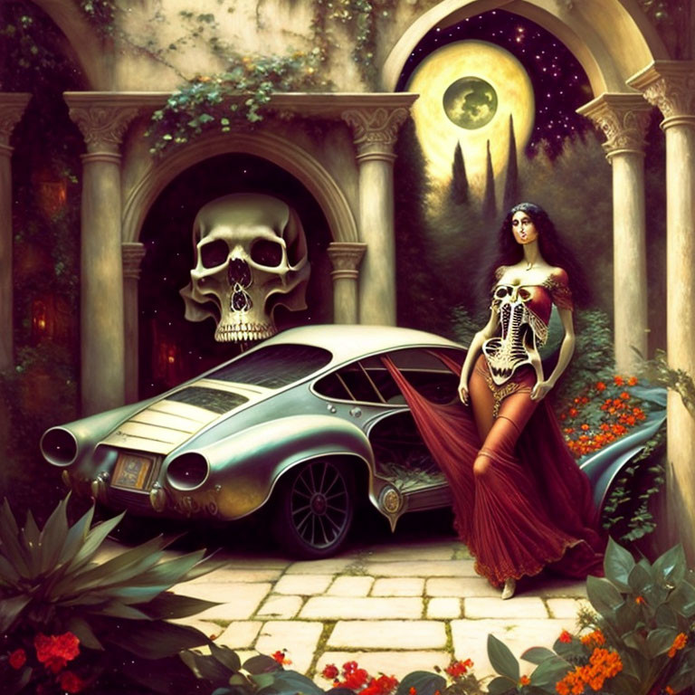 Woman in skeletal bodysuit by classic car under moonlight with giant skull overhead