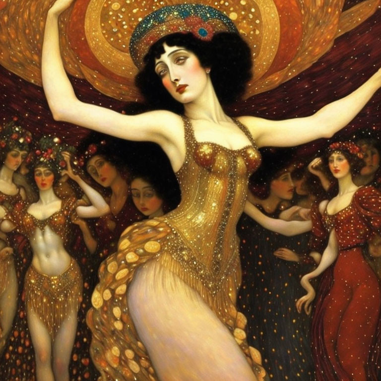 Dancer in gold sequined costume with outstretched arms surrounded by red crowd