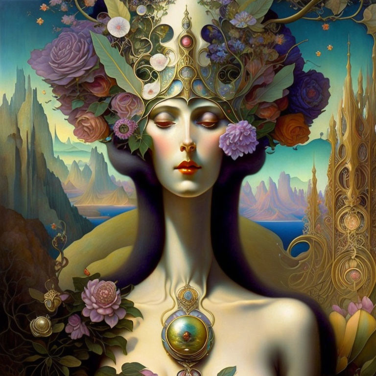 Woman with Elaborate Floral Headdress and Mystical Jewelry in Surreal Portrait