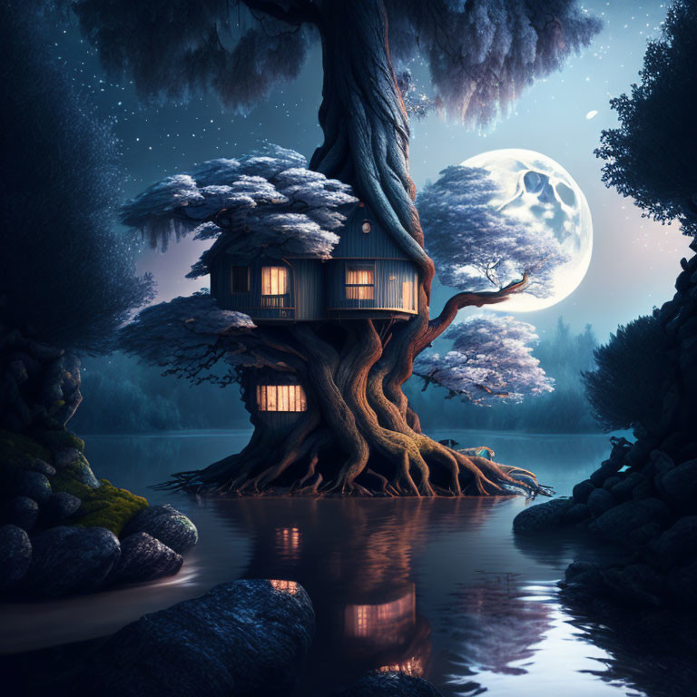 Twisted tree with treehouse in moonlit night landscape