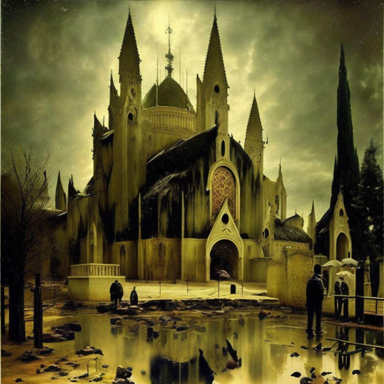 Gothic cathedral at dusk with people, water reflection, crows in moody landscape