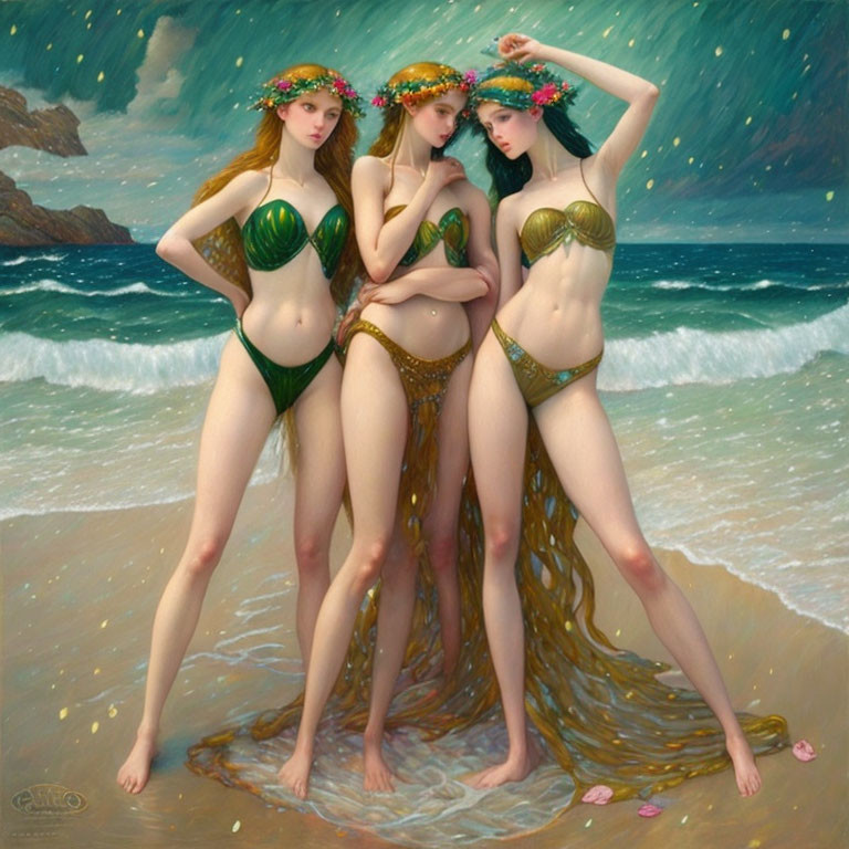 Three women in floral crowns and green swimwear on beach with seaweed-like hair.