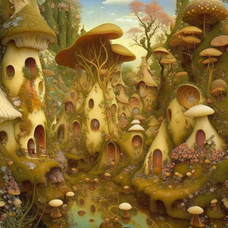 Colorful Mushroom Village Surrounded by Greenery