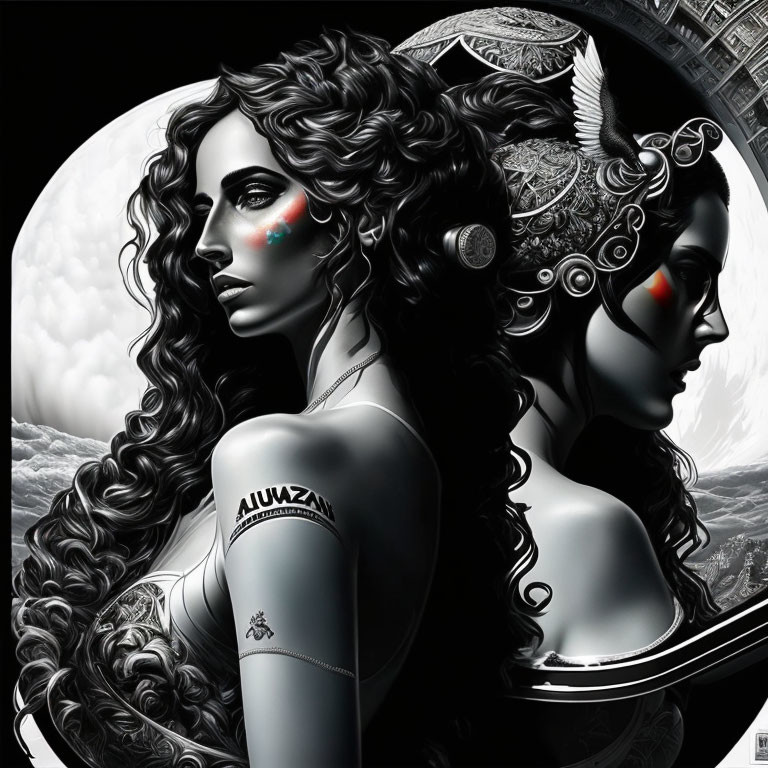 Monochrome artwork featuring two women with dark hair and unique accessories